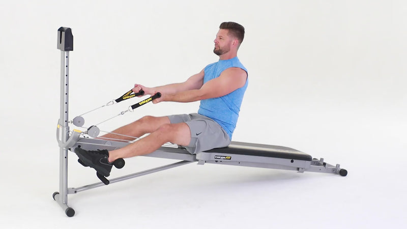 Total Gym leg curl with bicep curl demonstration