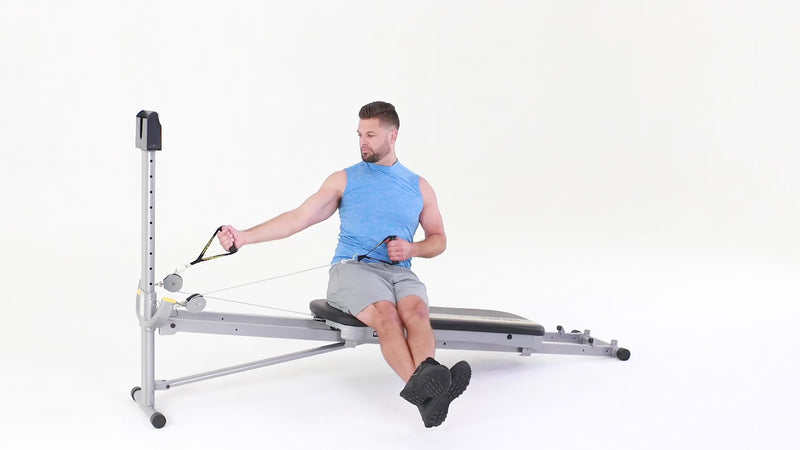 Total Gym chest fly biceps curl overhead press combo demonstration