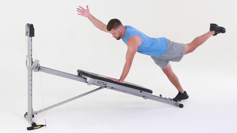 Total Gym plank with opposite arm and leg extension demonstration